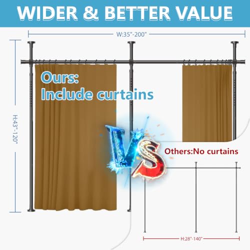 Image of JILRON Room Divider Curtains Set No-Drill : Includes 106 inch W x 84 inch L Brown Curtain 2-Panel & Adjustable Pole Brackets (72-200 inch W x 43-120 inch H Adjustable Range)