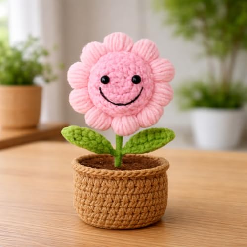 Image of Amazon Brand - Umi Handmade Crochet Flower Pot for Home & Office Decor, Cute Smiling Floral Tabletop Showpiece, Aesthetic Desk Decoration, Unique Gift for Friends Family & Loved Ones (Bloom Pink)