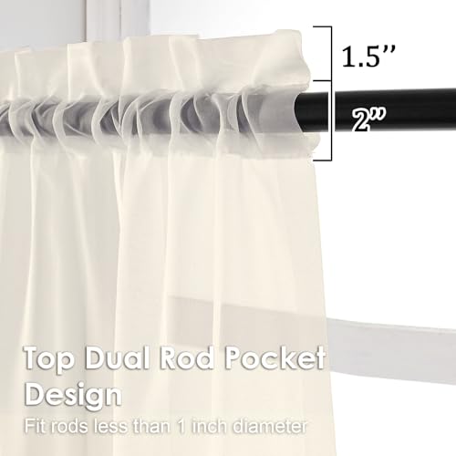 Image of OVZME Cream Sheer Valances for Windows 14 Inch Length 2 Pcs, Light Filtering Short Kitchen Curtains, Top Dual Rod Pocket Small Curtains for Living Room Bedroom Basement, Each 42Wx14L Inches