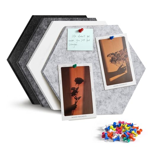 Uoisaiko 12' Large Bulletin Board with 15 Push Pins, Pack of 4 Hexagon Felt Pin Board Notice Boards for Home Office, Felt Wall Tiles for Photos Memos (Black Grey)