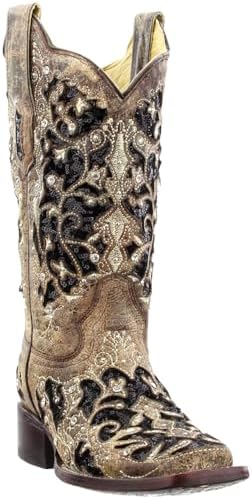 Corral Boots Womens Sequined Tooled-Inlay Square Toe Dress Boots Mid Calf Low Heel 1-2" - Brown - Size 7.5 B | Image 1