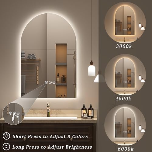 Image of 24x36 Inch Backlit Arched LED Bathroom Mirror | Dimmable LED Vanity Mirror with Lights, Anti-Fog, Shatter-Proof, 3 Colors, Memory, ETL Listed