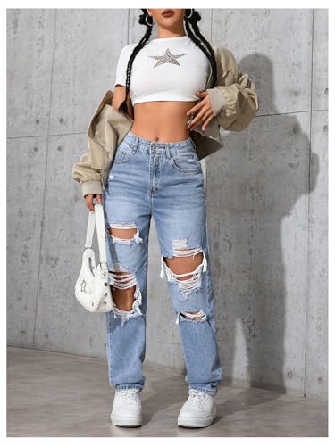 Floerns Women's High Waisted Distressed Jeans Straight Leg Casual Ripped Denim Pants4