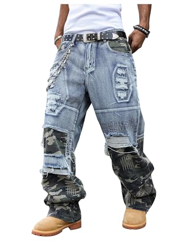Men's Camo Graphic Baggy Jeans Y2k Ripped Wide Leg Denim Pants with Pockets Streetwear