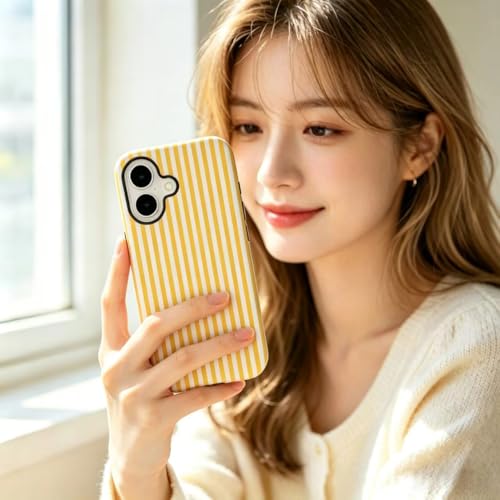 Image of for iPhone 16 Case Cute Phone Case,Compatible with MagSafe,Dual Layer Shockproof Protective Phone Cover,Hard Shell + Silicone Cover,Fashion Design for Women Girls,Striped Yellow