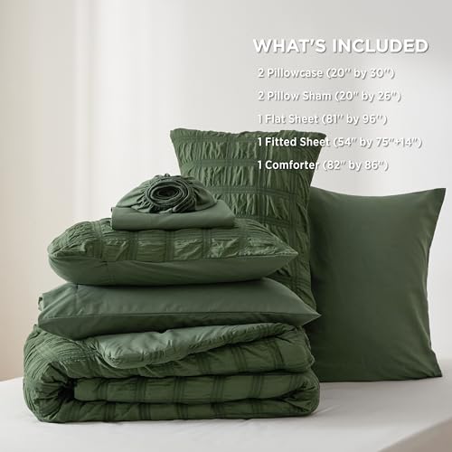 Bedsure Bed in a Bag Full - 7 Pieces Plaid Seersucker Bedding Comforter Sets, Soft Lightweight Olive Green Boho Bed Set with Comforters Full Size, Sheets, Pillowcases & Shams