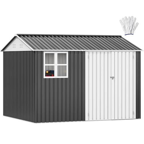 Image of DWVO 10x8ft Metal Outdoor Storage Shed with Window, Lockable Tool Storage Sheds, Oversized Steel Garden Sheds with Sloped Roof for Backyard, Patio, Garage, Lawn (Gray + White)