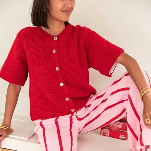 Image of Womens Button Up Short Sleeve Cardigans Sweater Cropped Lightweight Round Neck Elegant Knit Tops with Pockets