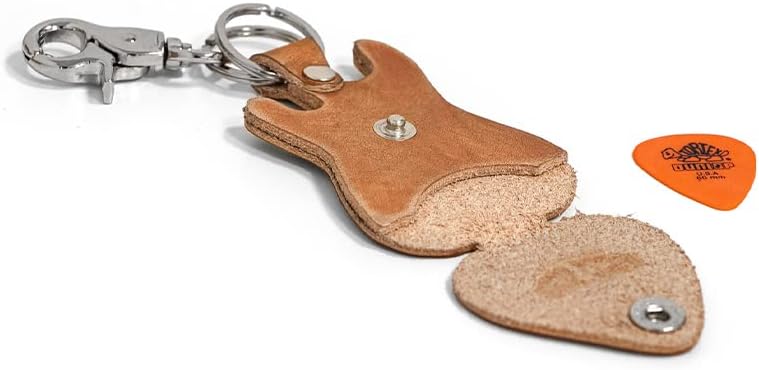 Fender Stratocaster Guitar shaped pick holder made of real leather with keychain and hook Made in Italy