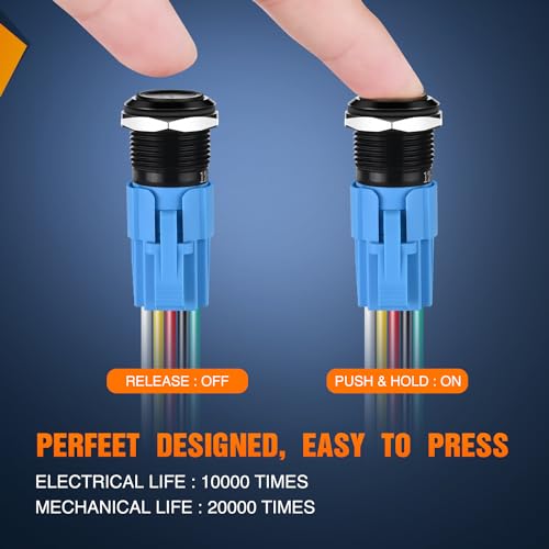 Image of Nilight 16mm 12V Momentary Horn Push Button Switch Blue LED Harness Kit | SPDT 1NO1NC metal switch with detachable tail plug socket, blue ring light, and 5A rating