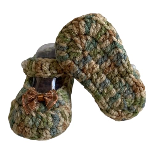 Handmade Crochet Baby Mary Jane Shoes, Cotton Knit Booties with Bow, Camo Green and Brown3