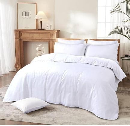 THREAD & TAILOR 4 Piece Duvet Cover Set Double Bedding Set with Fitted Sheet & Pillowcases Reversible Microfiber Quilt Cover Set Double Bed Floral Geometric Marble Plain Designs UK (WHITE, Double)