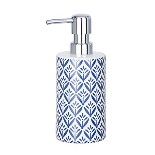 WENKO Dosificador de jabón Lorca azul cerámica - Dispensador de jabón líquido Capacidad: 0.36 l, Cerámica, 8.5 x 18 x 7 cm, Azul