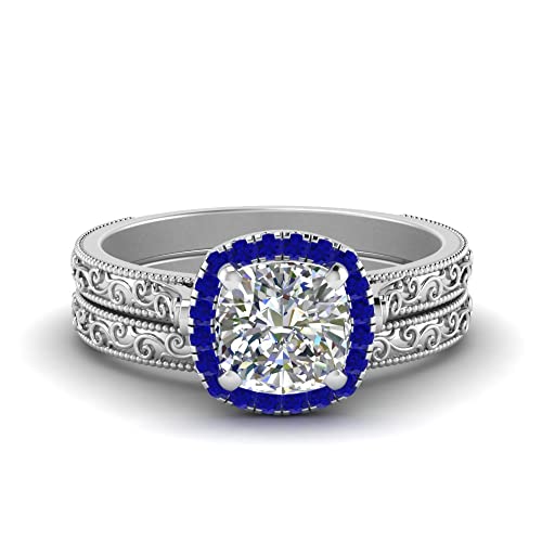 Image of Choose Your Gemstone Hand Engraved Halo Cushion Wedding Ring 925 Sterling Silver Cushion Shape Wedding Ring Sets Matching Jewelry Wedding Jewelry Easy to Wear Gifts US Size 4 to 12
