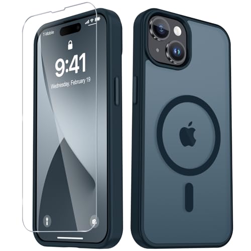 Image of for iPhone 15 Plus Case, iPhone 14 Plus Case, Matte Magnetic Phone Cover with 1 Screen Protector [Support for MagSafe] [Shockproof Military Grade Protection] Translucent Frosted Back, Navy Blue