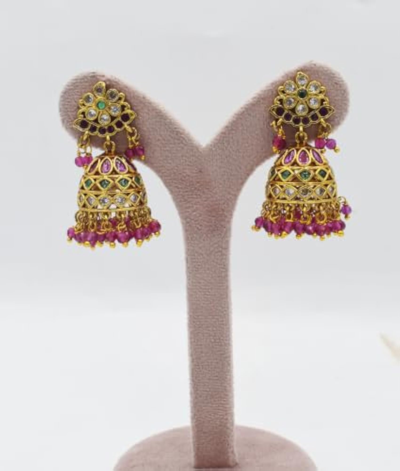 Traditional Kundan Jhumka Earrings with Ruby and Pearl Drops