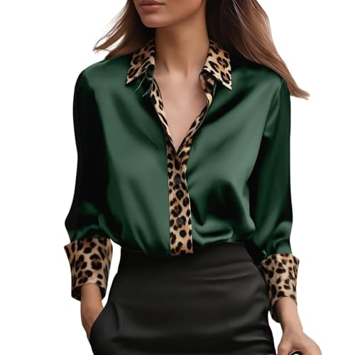 Generico Camisa de raso para mujer, camisa de manga larga con cuello en V, camiseta clásica con botones, ligera, transpirable, blusa suelta, color liso, bata para oficina, trabajo, salidas, Verde, XXL