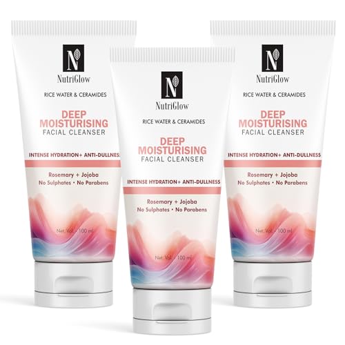 Image of NutriGlow Hydrating Rice Water & Ceramides Facial Cleanser, Sulfate Free, Paraben Free, Deep Moisturising All Skin Types For Men And Women (100 ml) Pack of 3