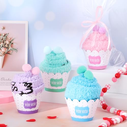 Image of Geyoga 4 Pair Valentine's Day Wine Socks Gifts for Women Wine Lovers Xmas If You Can Read This Cupcake Crew Socks