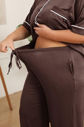 Image of Vozanet Women's Plus Size Pajamas Button Down Shirt and Pants Soft Lounge Sets Bride Nighty Bottom with Pockets 1x to 5x