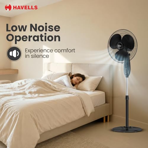 Image of Havells Gatik Pro 400mm BLDC Pedestal Fan| 120 Ribs Guard for Safety| Smooth Oscillation| Heavy Base| ISI Marked | 2 Year Warranty | Black