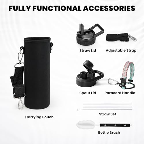 Image of RAYMYLO Insulated Water Bottle 24 oz, Triple Wall Vacuum Stainless Steel (Cold for 24Hrs, Hot for 12Hrs), Leak Proof & Non-BPA, Modern Water Flask Jug with Paracord Handle & Straw Spout Lids