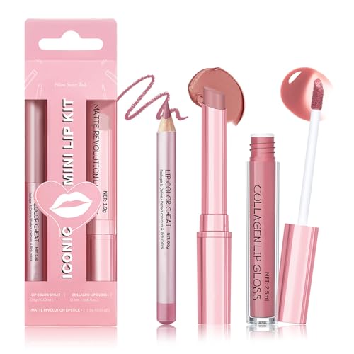 Image of 3PCS Lipsticks Kit - Lip Liner Pencil, Matte Lipstick & Collagen Lip Gloss - Moisturizing & Smooth Texture & Rich Color Payoff - Long Lasting Waterproof Lip Combo Set for Women (Nude Pink)