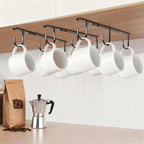 DEPAOTLUX 3pcs Under Cabinet Mug Hooks,Adhesive/Screw 2 Ways Install Mug Holder,Coffee Cups Hook with 9 Hooks,Mug Organizion Rack for Displaying Mugs/Cups/Kitchen Utensils (Black)