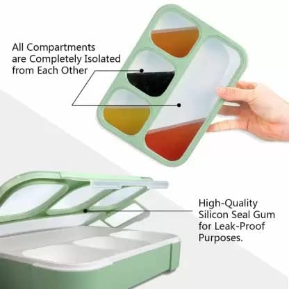 Image of Leak Proof 4 Compartment Lunch Box Reusable Microwave Freezer Safe Food Containers with Spoon for Adults and Kids (1Pc - Multicolor) PP Plastic