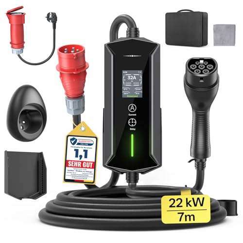 Mobile Wallbox 22kW Typ 2 Ladekabel - 7m|6-32A|3-phasig EV Ladegerät Wasserdicht mit Einstellbarer Ladeleistung Einstellung Startzeit CEE 32A auf Typ 2 Ladekabel für Allen EVs(IEC 62196-2) & PHEVS