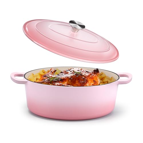 P&P CHEF Oval Dutch Oven with Lid Enameled Cast Dutch Oven Pot for Bread Baking Braising Stewing Roasting Non-Stick & Oven Safe Dual Handles & Easy Clean 5QT & Pink Valentines Day
