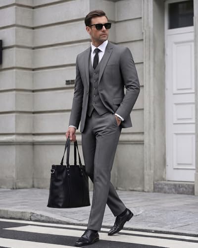 Image of Cooper & Nelson Men's Suit Slim Fit, 3 Piece Suits for Men, One Button Solid Jacket Vest Pants with Tie, Tuxedo Set
