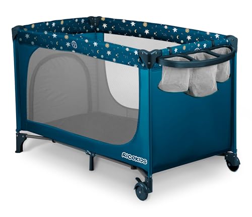 Ricokids Reisebett Baby mit Matratze Klappbar Kinderreisebett Tragetasche 125 x 65 x 78 cm Dunkelblau mit Sternen