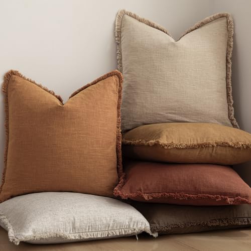 Image of Foindtower Set of 2 Decorative Linen Fringe Throw Pillow Covers Cozy Boho Farmhouse Cushion Cover with Tassels Soft Accent Pillowcase for Couch Sofa Bed Living Room Home Decor, 26x26 Inch, Orange
