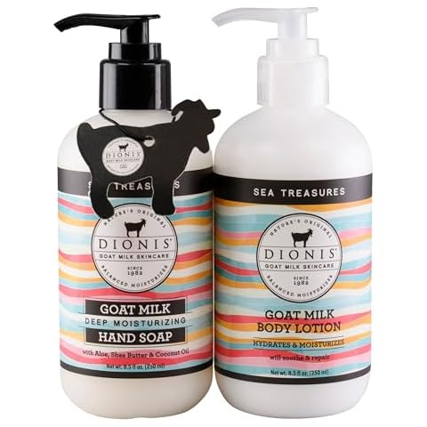 Dionis Goat Milk Skincare Sea Treasures Body Lotion & Hand Soap Gift Bundle - Sweet Pea Scented Cream & Concentrated Liquid Soap Gently Clean, Moisturize & Nourish Dry Hands, 8.5 oz Pump Bottles Cover