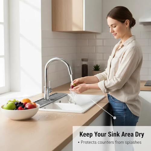 Image of 30 Inch Silicone Kitchen Sink Faucet Mat, Adjustable Waterproof Splash Guard Draining Mat Keep Countertops Dry (Black)