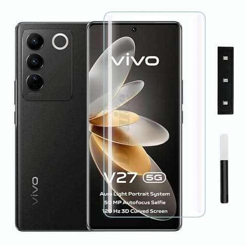 Image of Diruite UV Tempered Glass for Vivo V27 Pro - Premium 9H Hardness, Full Edge-to-Edge Coverage, Crystal HD Clarity, UV Glue with Easy Installation Kit (Pack of 1)
