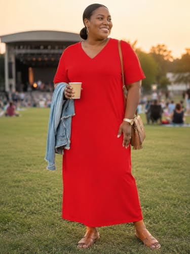 Image of PinkPatty Women's Oversize V Neck Short Sleeve Maxi Dress with Pockets