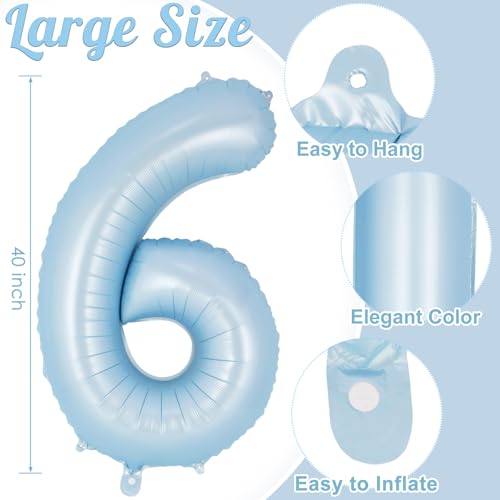 Image of Light Blue Number 6 Balloon, 40 Inch Big Large Foil Number Balloons, Giant Mylar Number 6 Balloons for 6 Year Old Birthday Baby Party Decorations Supplies Anniversary