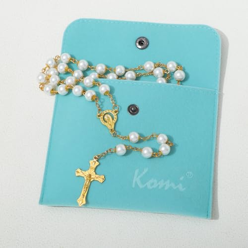 KOMI Catholic Rosary Beads for Women - Glass Pearl Beads Necklace with Saint Benedict Medal & Crucifix - Catolicos Rosary Gifts with Pouch2
