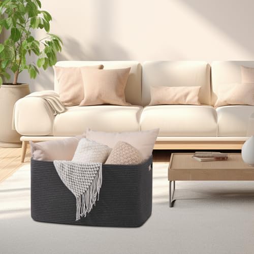 Image of OIAHOMY Large Blanket Basket,Storage Basket with Handle, Blanket Basket for Living Room, Rectangle Woven Cotton Rope Basket for Bedroom, Toy Baskets Organizer Bins, 22 inch x 17 inch x 12 inch in, Dark Grey
