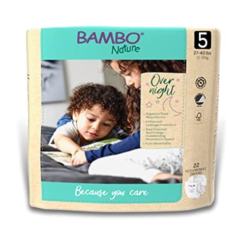 Bambo Nature Overnight Nappies, Eco-Friendly Nappies, Enhanced Leakage Protection For Dry Night’s Sleep, Secure & Comfortable Overnight Baby Nappies, Ultra Absorption, Size 5 Nappies (12-18g), 22PK Cover