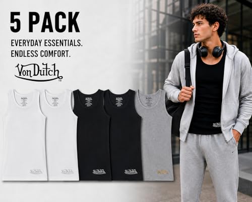 Von Dutch Mens Tank Tops - 5 Pack Soft Cotton A-Shirts for Men, Sleeveless Classic Mens Undershirts for Everyday Wear, Size Small, White/Black/Heather Grey by Von Dutch - Image 6