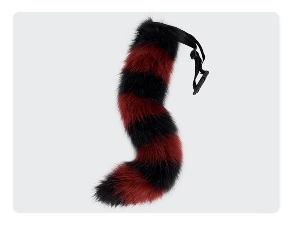 TTYAO REII Furry Fox Wolf Tail for Cosplay Faux Fur Striped Cat Raccoon Animals Tail for Halloween Party (Black Red)