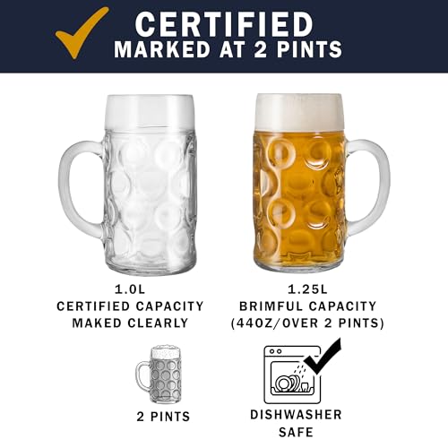 Chabrias Ltd German Beer Stein | 1 Litre / 2 Pint (44oz) Oktoberfest Beer Mug | Authentic Dimpled Glass Tankards | Made in Italy, Dishwasher Safe - Image 4