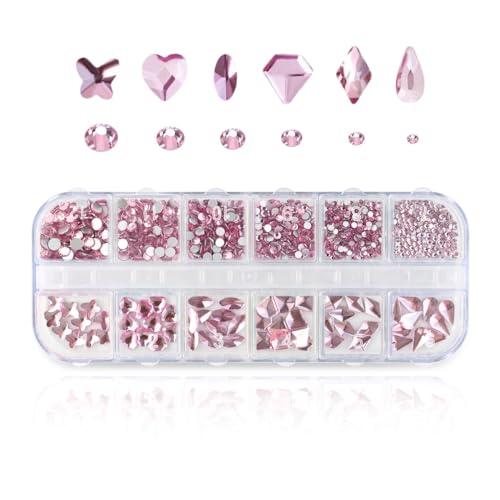 810 Pieces Multi Shapes Nail Rhinestones 60 Multi Shapes Big Gems + 750 Flatback Round Beads 3D Glass AB Crystal Nails Rhinestones for Nail Art Crafts DIY Faces Makeup Stones Diamonds Jewels (Pink)