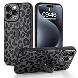 Jefonha Compatible with iPhone 15 Pro Max Case with Finger Hand Strap Kickstand, Trendy Cool Leopard Cheetah Print Phone Case for Women Men, Full Camera Protection Shockproof Protective Cover, Black