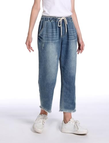 Lavnis Women's Cropped Jeans Cotton Loose Denim Pants Casual Elastic Waist Ripped Jean Joggers3