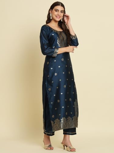 Image of VredeVogel Women's Cotton Silk Jacquard Kurta Pant Set with Banarasi Silk Dupatta