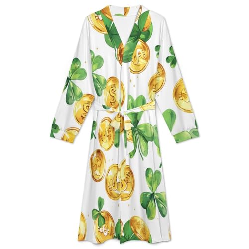 Shamrock Leaf And Gold Coins Soft Robe Long Sleeve Bathrobes V Neck Sleepwear Spa Robes with Belt Men Woman3